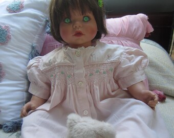 1950's Baby Dress, Pink Smocked Puff Sleeve, Size 6 to 9 Months, 100% Cotton, USA Made