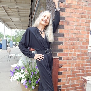 1980&#39;s Black Jumpsuit, Knit Jersey,Dolman Sleeve,Tapered Leg,Large Shoulder Pads,Matching Fabric Belt /Mint Condition/USA Made/Size M