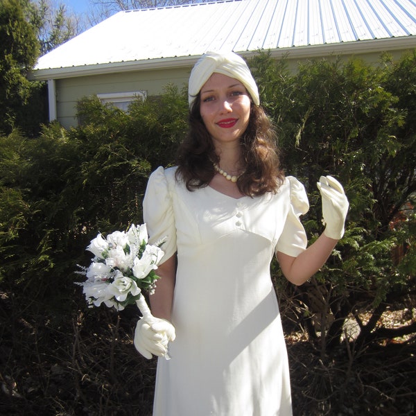 1980's  Puff Sleeve in This 1940's Inspired Crepe Cream Color, Covered Button, Wedding, Party Dress  Free  Turban , Gloves & Necklace !