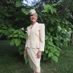 Pencil Skirt Suit, Vintage Peplum Fitted Jacket, Shiny Rayon Brocade Twill, Fully Lined, Champagne Pink ,Pearl and Rhinestone Buttons