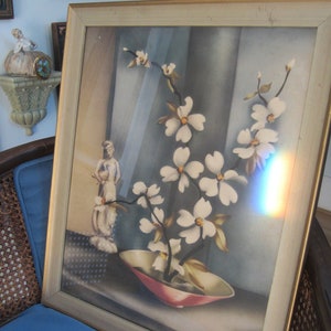 1940&#39;s Framed Lithograh, Classic Print of Orchid and Figurine, Stunning Original Blonde Wood Frame Frame, Quintessential 1940&#39;s Wall Decor