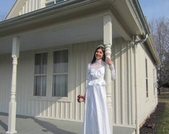 Peplum Wedding Dress , High Neck,  Long Laced Sleeves, White Poly Silk, 1980&#39;s 90&#39;s Lace Bodice, Train, Excellent Vintage Like New Condition
