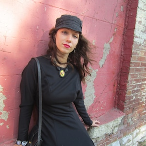 1980&#39;s Black Dress, Knit With Shoulder Pads, Gored Flair Skirt, Dolman Sleeve, Made In USA, Machine Wash By Katie Lewis