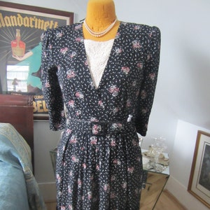 1980&#39;s Puff Sleeve Dress ,1980&#39;s Does the 1940&#39;s, Black Floral Puff Half Sleeve, Lace Insert, Waist Pockets Dress, Lady Diana Style