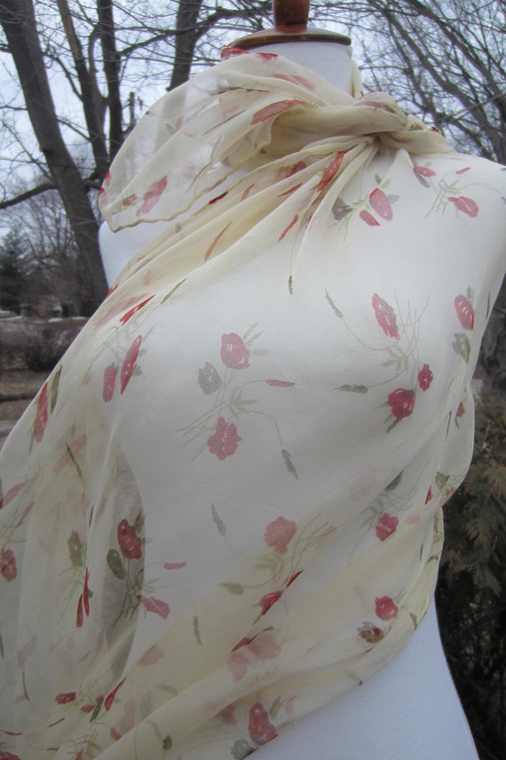Silk Chiffon Scarves , Lot of Two, Floral On Ivor… - image 3