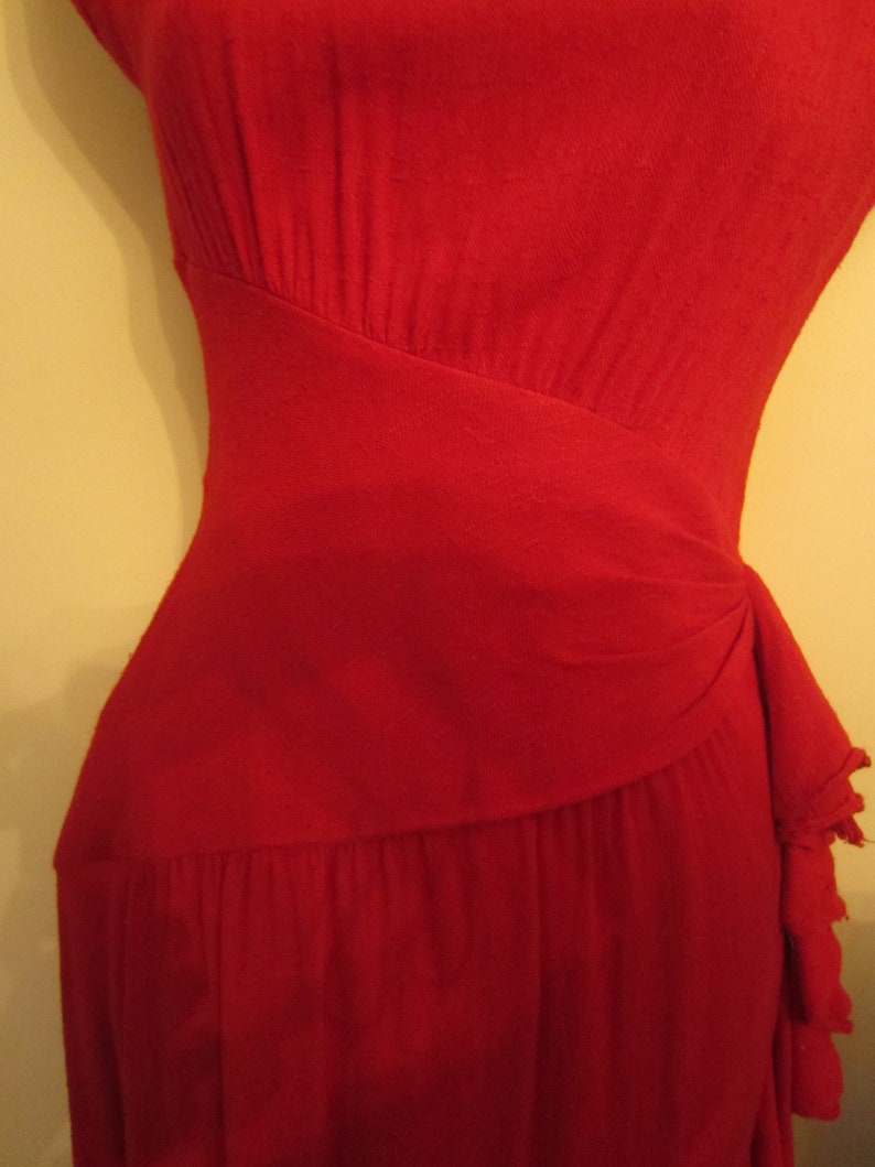 1980's Summer Dress, Sexy Red Hourglass, 80's Does the 50's,Shoulder Pads, Cap Sleeve, Asymmetrical Waistband,Side Ruffle, Kick Pleat XS image 7