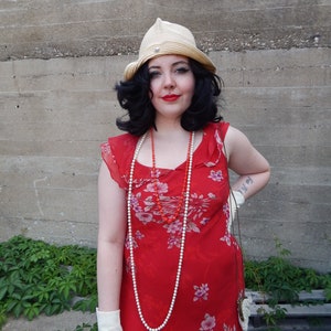 Red Silk Dress, 1990's Does the 20's or 30's, 100% Silk Chiffon in Floral, Silk Slip, Flutter Sleeve, Cut on Bias, FREE Straw Cloche hat image 9