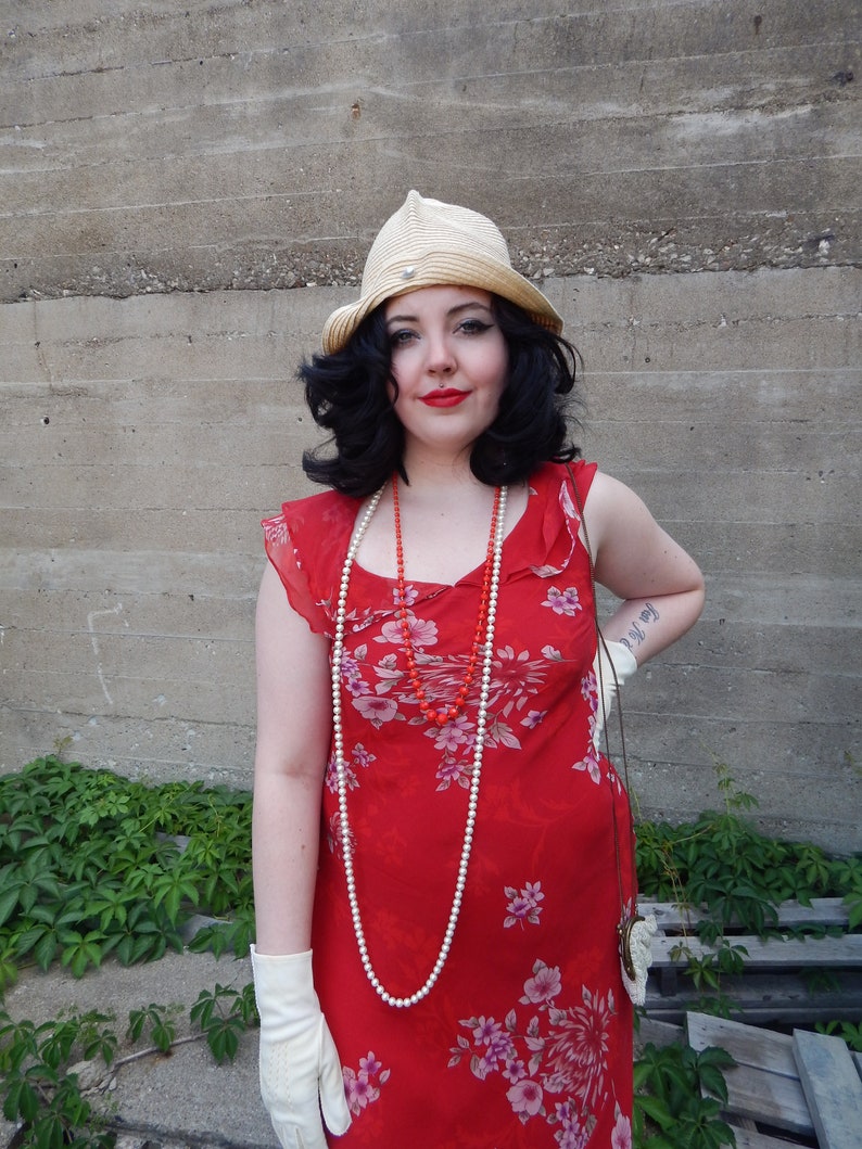 Red Silk Dress, 1990's Does the 20's or 30's, 100% Silk Chiffon in Floral, Silk Slip, Flutter Sleeve, Cut on Bias, FREE Straw Cloche hat image 9