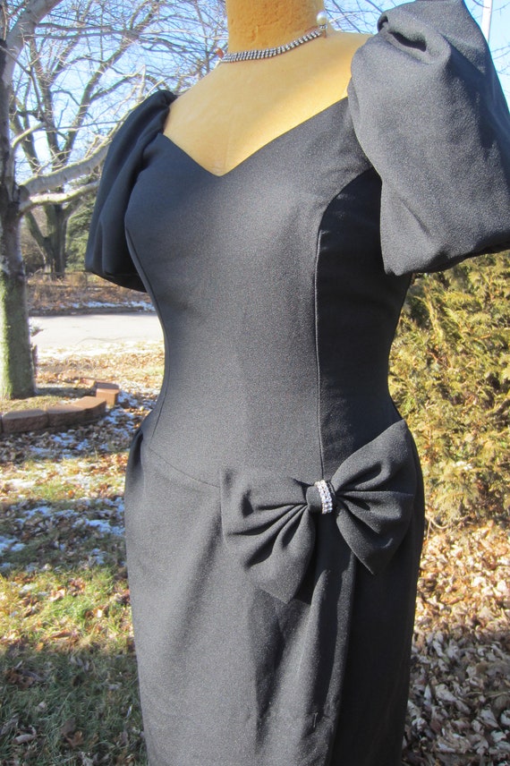 Black Crepe Gown/ 1980's Large Puff  Sleeve, Rhin… - image 4