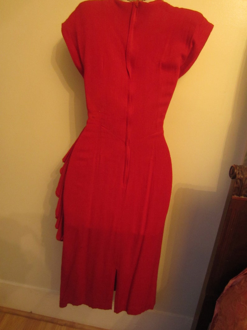 1980's Summer Dress, Sexy Red Hourglass, 80's Does the 50's,Shoulder Pads, Cap Sleeve, Asymmetrical Waistband,Side Ruffle, Kick Pleat XS image 5