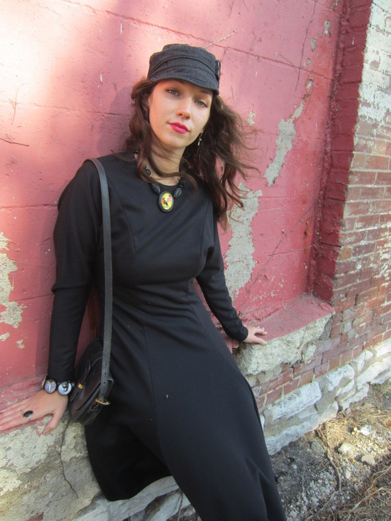 1980's Black Dress, Knit With Shoulder Pads, Gored