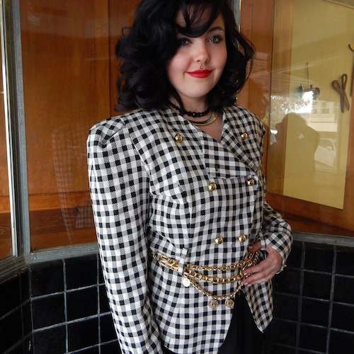 1980's Houndstooth Suit, Gaucho Culottes Pants and Large Shoulder Pads, Double Breasted Jacket, Gold shops Buttons and Gold Chain Belt