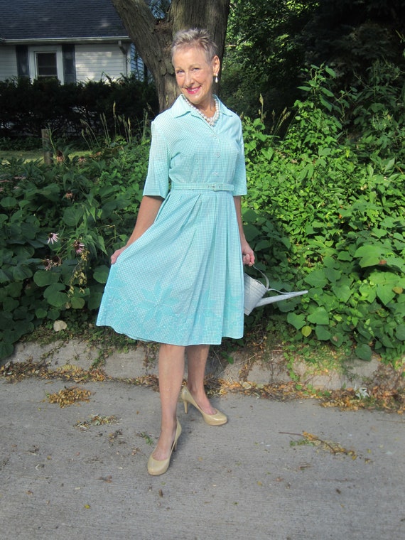 Gingham 60's Dress, Green Gingham, Pleated, Belted