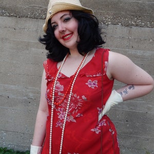 Red Silk Dress, 1990's Does the 20's or 30's, 100% Silk Chiffon in Floral, Silk Slip, Flutter Sleeve, Cut on Bias, FREE Straw Cloche hat image 5