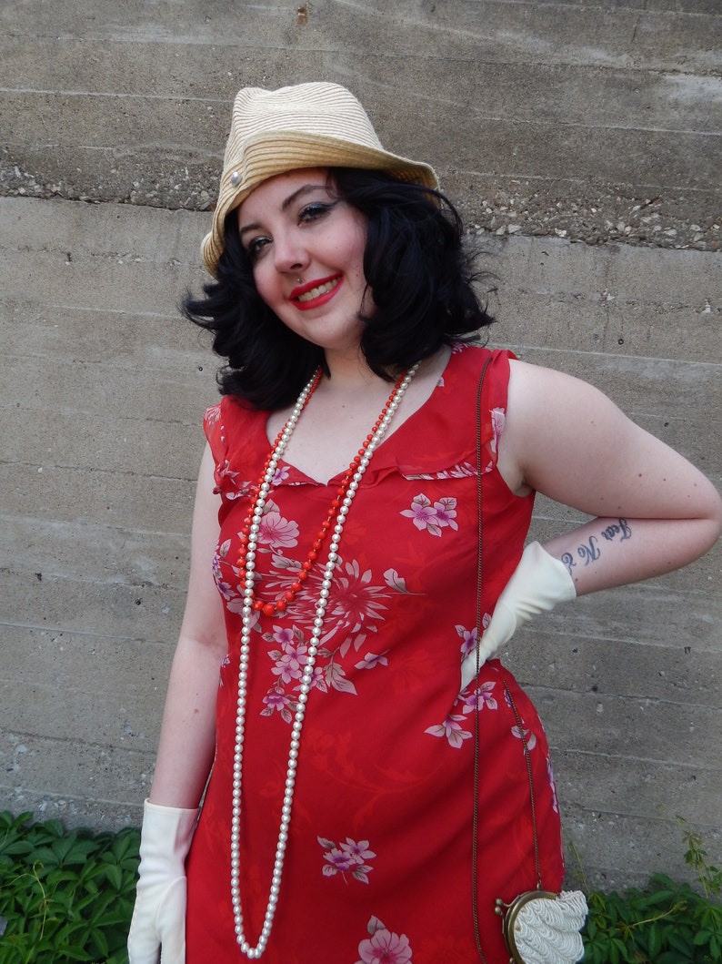 Red Silk Dress, 1990's Does the 20's or 30's, 100% Silk Chiffon in Floral, Silk Slip, Flutter Sleeve, Cut on Bias, FREE Straw Cloche hat image 5