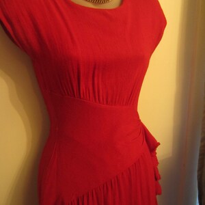 1980's Summer Dress, Sexy Red Hourglass, 80's Does the 50's,Shoulder Pads, Cap Sleeve, Asymmetrical Waistband,Side Ruffle, Kick Pleat XS image 2