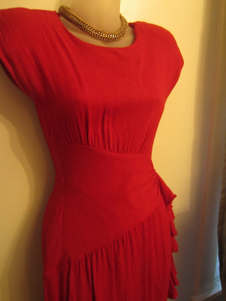 1980's Summer Dress, Sexy Red Hourglass, 80's Does the 50's,Shoulder Pads, Cap Sleeve, Asymmetrical Waistband,Side Ruffle, Kick Pleat XS image 2