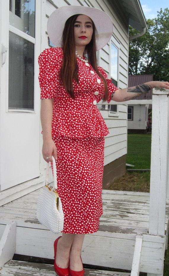 Polka Dot Dress,1980's Does The 40's/ Leslie Faye… - image 1