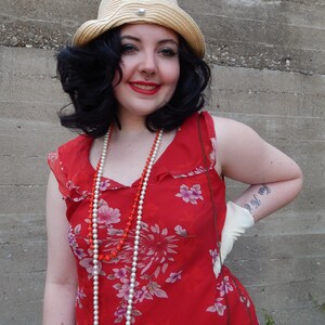 Red Silk Dress, 1990's Does the 20's or 30's, 100% Silk Chiffon in Floral, Silk Slip, Flutter Sleeve, Cut on Bias, FREE Straw Cloche hat image 7