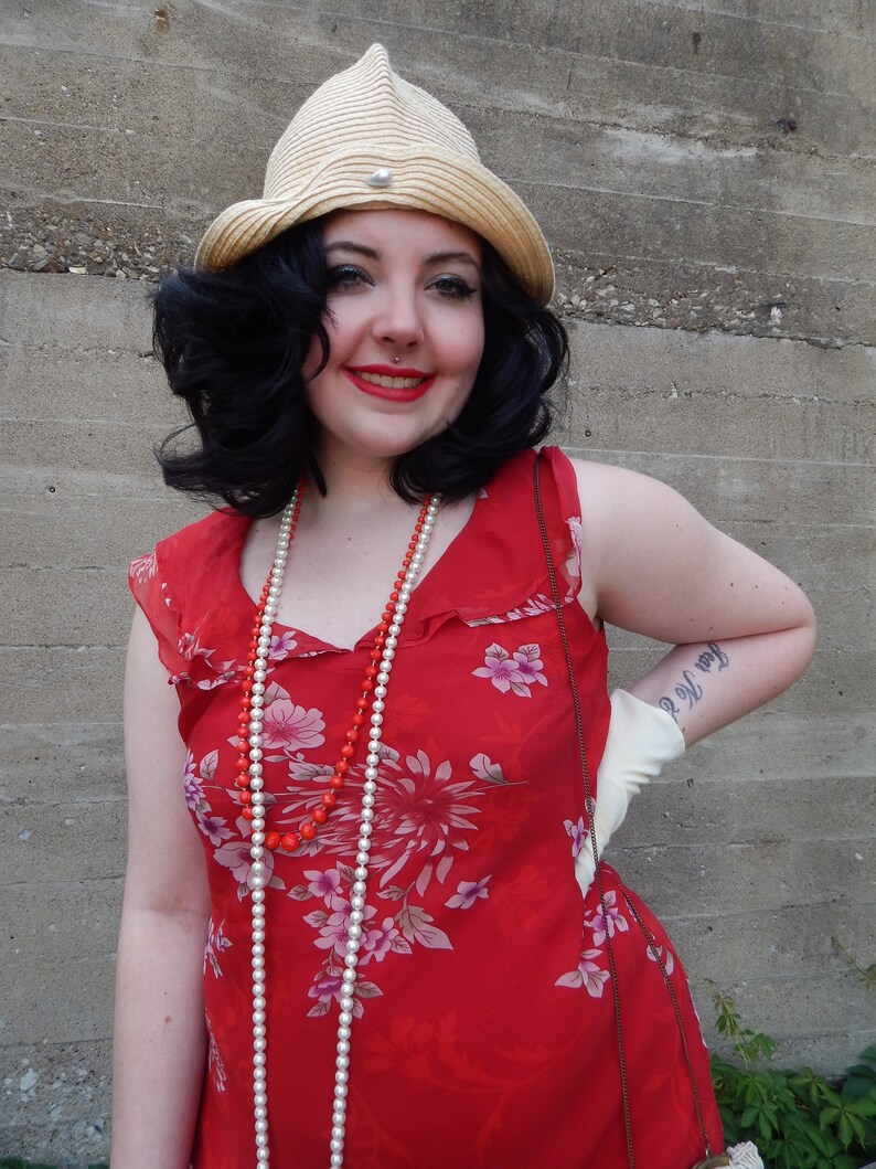 Red Silk Dress, 1990's Does the 20's or 30's, 100% Silk Chiffon in Floral, Silk Slip, Flutter Sleeve, Cut on Bias, FREE Straw Cloche hat image 7