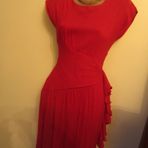 1980's Summer Dress, Sexy Red Hourglass, 80's Does the 50's,Shoulder Pads, Cap Sleeve, Asymmetrical Waistband,Side Ruffle, Kick Pleat XS image 3