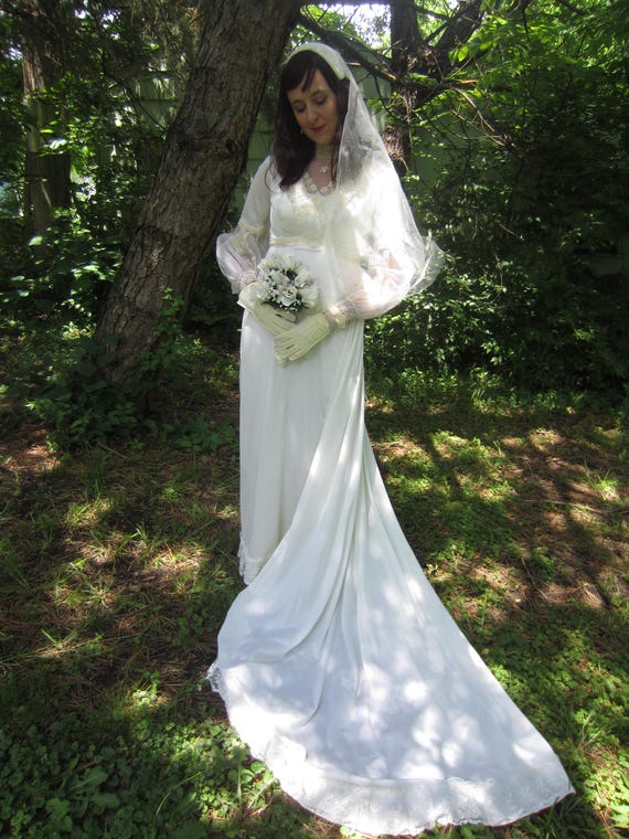 sachin and babi light blue dress 1960's Wedding Dress, Ivory Satin With Lace Bodice, Empire Waist & Train  ,lace Poet Sleeves, High Neck, Juliet Gown With Veiled Juliet Cap !