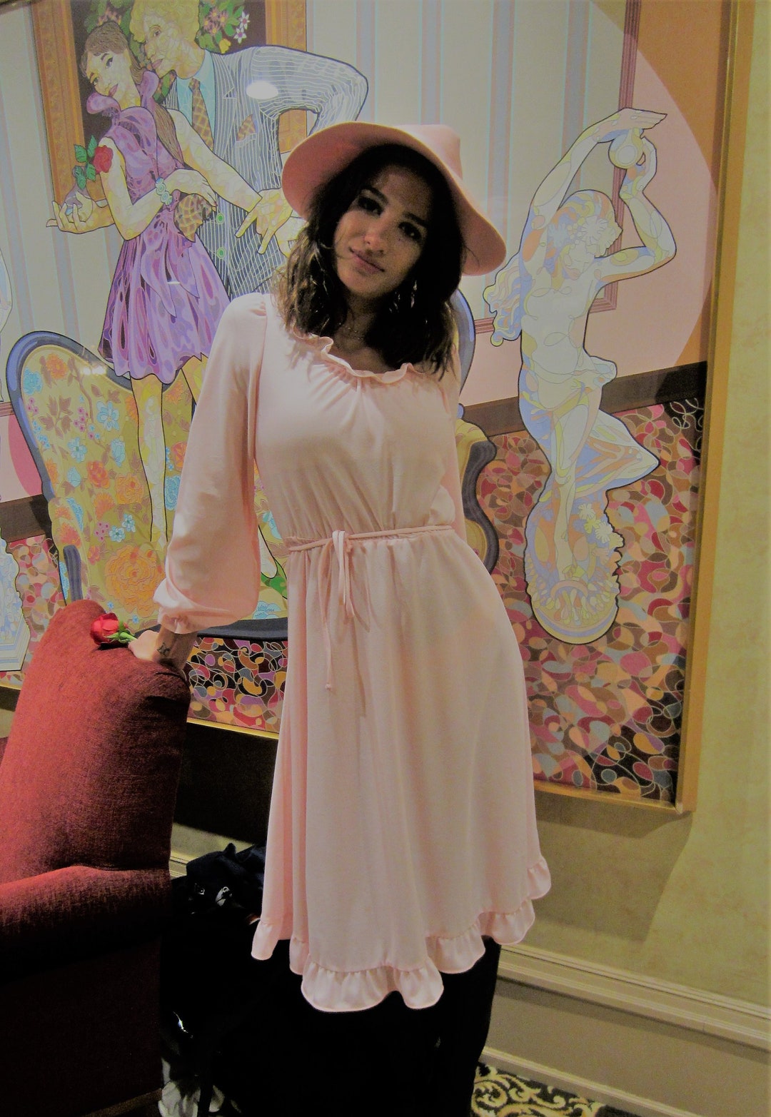Long Sixty Dress in Pied de Poule Pink Print