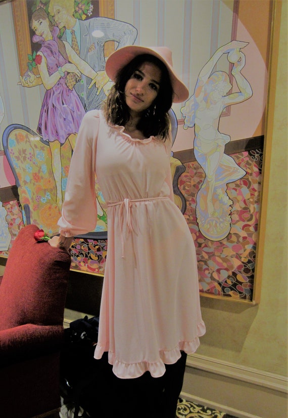 1960's Pink Dress, Pink Poly Late 60's Early 70's Ruffle Scoop Neck, Ruffle  Hem and Cuffs, Matching Cord Belt, USA Made by J C Penney - Etsy