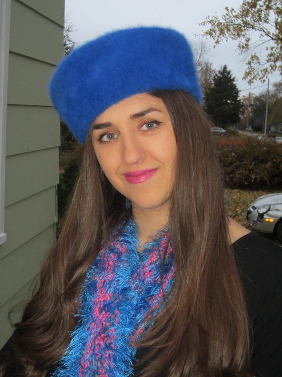 1950's/60's Angora Wool Fur Pillbox Style Royal Bl