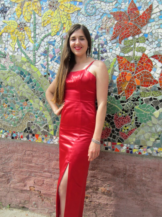 Red Satin Gown,Sleeveless Floor Length, High Leg … - image 2