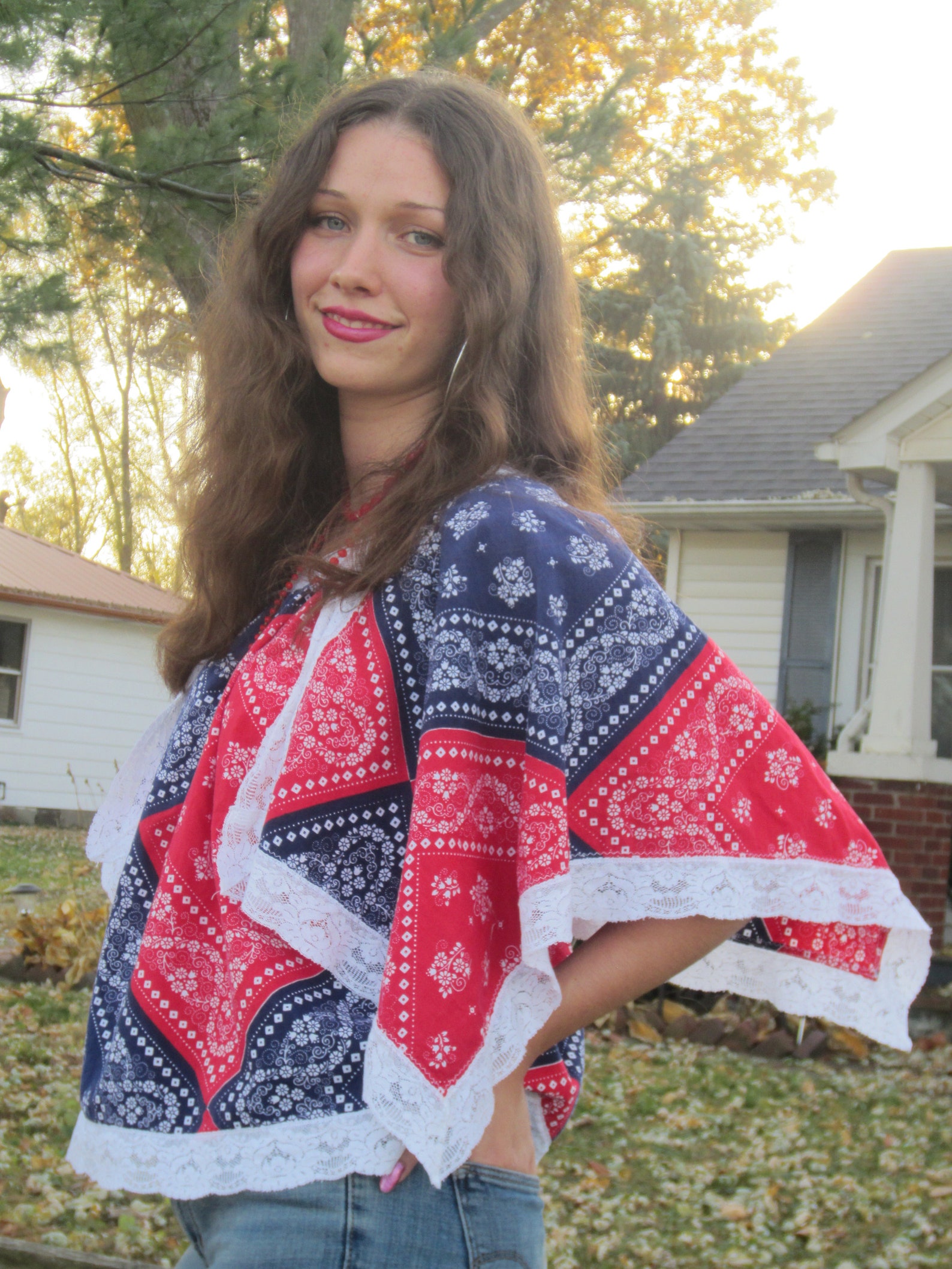 Popular 1970's Bandana Blouse/Made of Blue and Red Cotton Etsy
