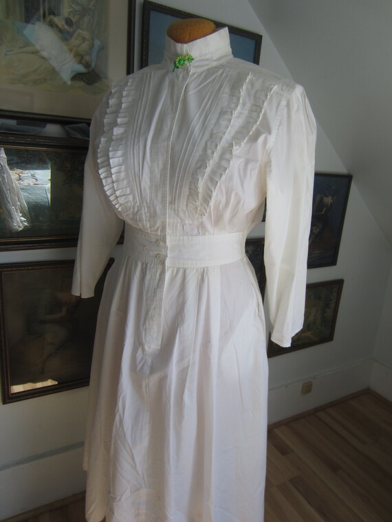1980's Puff Sleeve Bib Ruffle Bodice White Dress, Vic… -