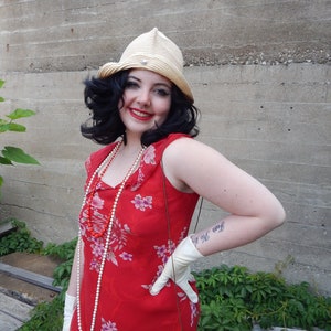 Red Silk Dress, 1990's Does the 20's or 30's, 100% Silk Chiffon in Floral, Silk Slip, Flutter Sleeve, Cut on Bias, FREE Straw Cloche hat image 8