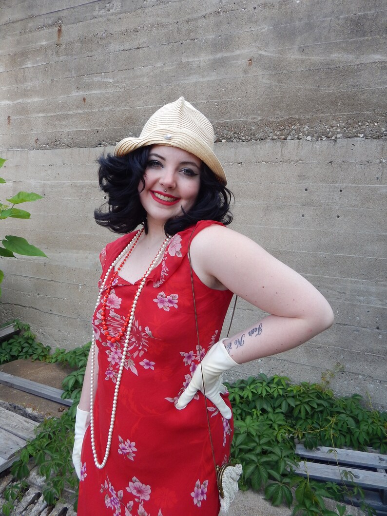 Red Silk Dress, 1990's Does the 20's or 30's, 100% Silk Chiffon in Floral, Silk Slip, Flutter Sleeve, Cut on Bias, FREE Straw Cloche hat image 8