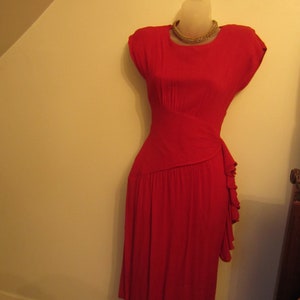 1980's Summer Dress, Sexy Red Hourglass, 80's Does the 50's,Shoulder Pads, Cap Sleeve, Asymmetrical Waistband,Side Ruffle, Kick Pleat XS image 6