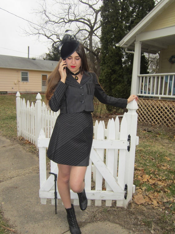 1990's 100% Silk Mini Skirt Suit Set/ Pin Stripe/