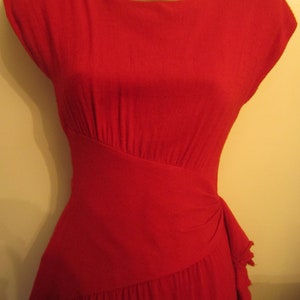 1980's Summer Dress, Sexy Red Hourglass, 80's Does the 50's,Shoulder Pads, Cap Sleeve, Asymmetrical Waistband,Side Ruffle, Kick Pleat XS image 4