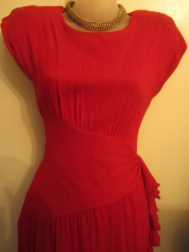 1980's Summer Dress, Sexy Red Hourglass, 80's Does the 50's,Shoulder Pads, Cap Sleeve, Asymmetrical Waistband,Side Ruffle, Kick Pleat XS image 4