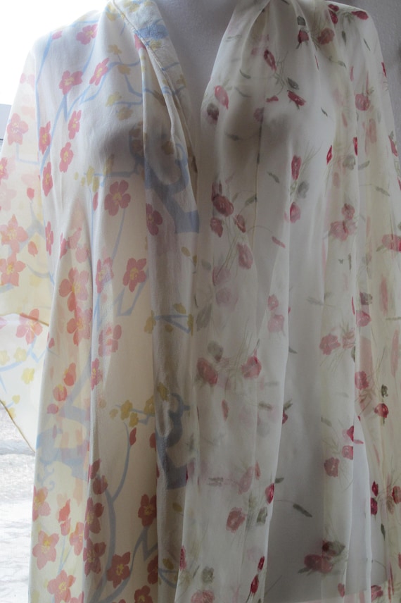 Silk Chiffon Scarves , Lot of Two, Floral On Ivor… - image 1