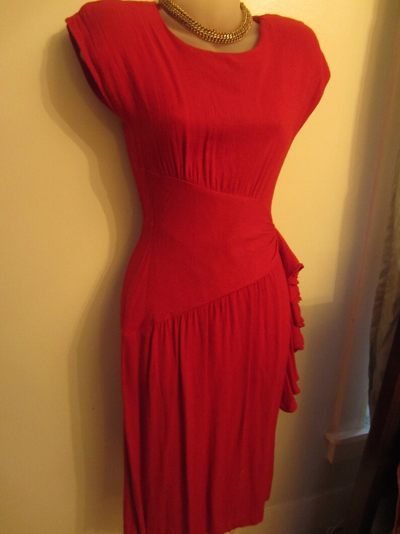 1980's Summer Dress, Sexy Red Hourglass, 80's Does the 50's,Shoulder Pads, Cap Sleeve, Asymmetrical Waistband,Side Ruffle, Kick Pleat XS image 1