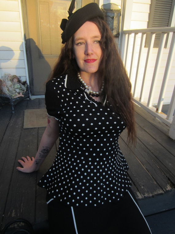 black and white peplum dress plus size Polka Dot Dress, Black and White Peplum Top & Vest, Black and White Mini  Skirt, Vintage Inspired, Size Large ,stretch Knit, Three Piece Set