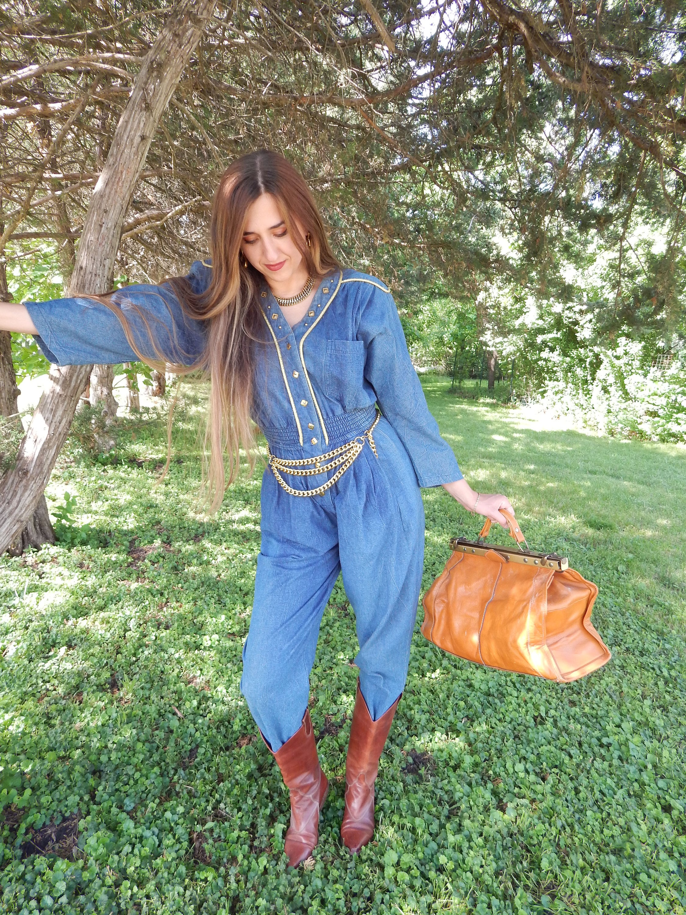 1980's Denim Jumpsuit, Mint Condition, Huge Shoulder Pads, Gold