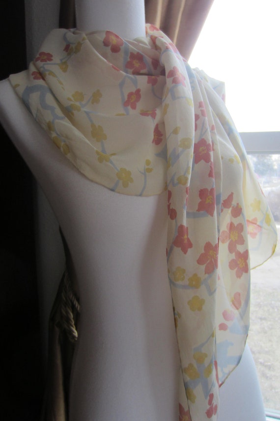 Silk Chiffon Scarves , Lot of Two, Floral On Ivor… - image 4