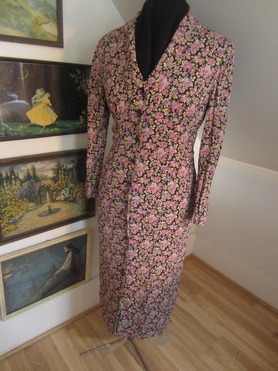 liz claiborne maxi dresses 1990's Maxi Dress, Liz Claiborne Does the 1930's ,Black Rayon Floral Print,  Ankle Length Day Dress, Long Sleeves, Front Buttons Down to Hem