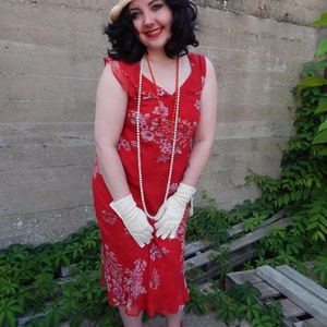 Red Silk Dress, 1990's Does the 20's or 30's, 100% Silk Chiffon in Floral, Silk Slip, Flutter Sleeve, Cut on Bias, FREE Straw Cloche hat image 3