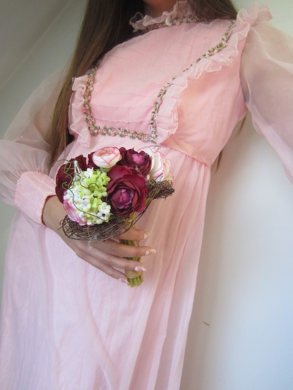 1960's Prairie Prom, Bridesmaid, Formal, Epic 60's Style Maxi Dress With  Bib Bodice and Cotton Applique Trim, Pink Poly Organza ,poet Sleeve - Etsy