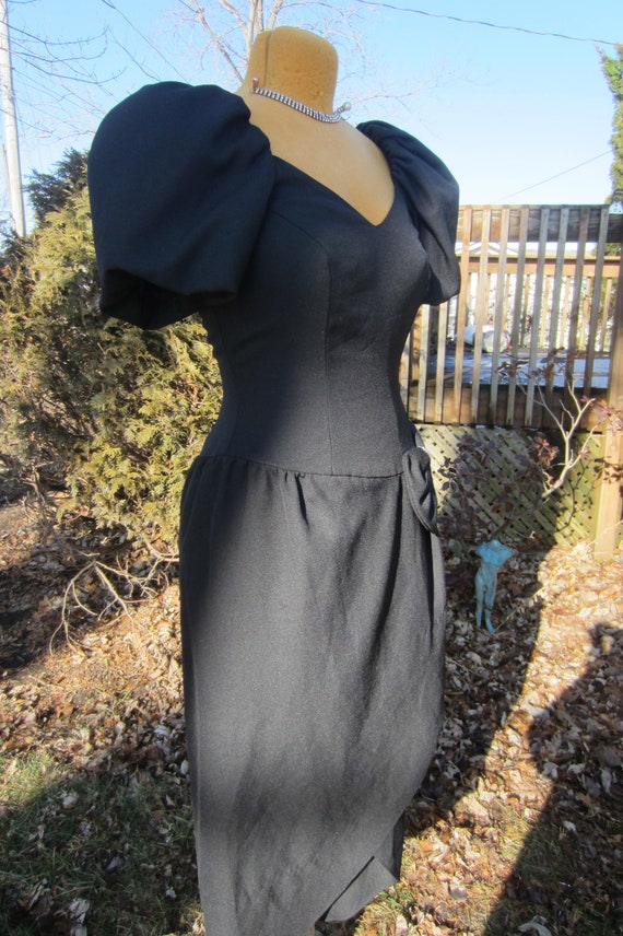 Black Crepe Gown/ 1980's Large Puff  Sleeve, Rhin… - image 2