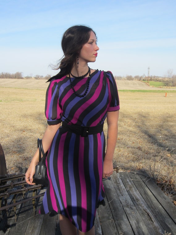 1980's Puff Sleeve Dress, Striped Georgette Party… - image 4