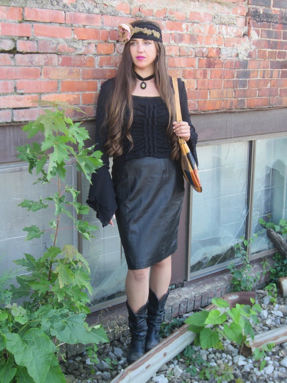 Black Leather Skirt Pencil Skirt 1990 s New Old Stock Deadstock