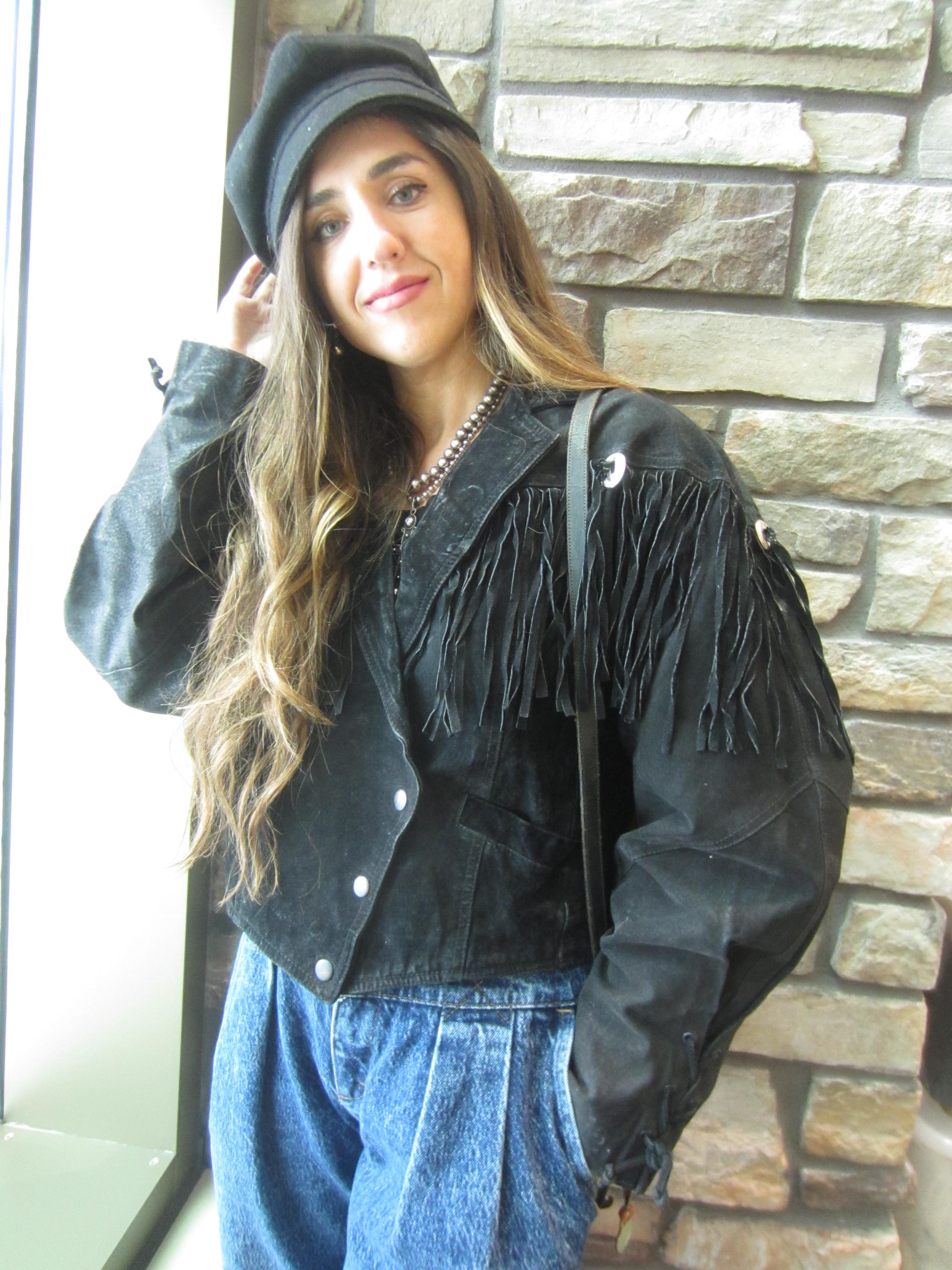Black Suede Jacket, 1980's Fringe Leather Jacket, Cropped, Large